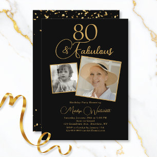 80 and Fabulous 80th Birthday Gold Script 2 Photo Invitation