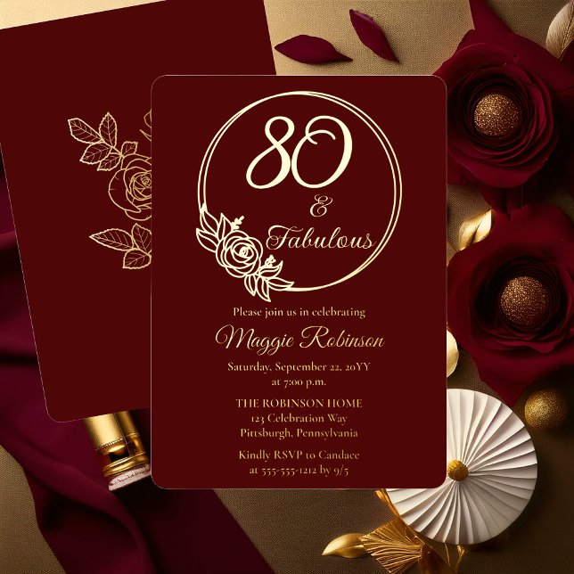 80 and Fabulous 80th Birthday Party Stamped (Elegant Rose Wreath 80 and Fabulous 80th Birthday Party Burgundy Stamped Gold Foil Invitation )