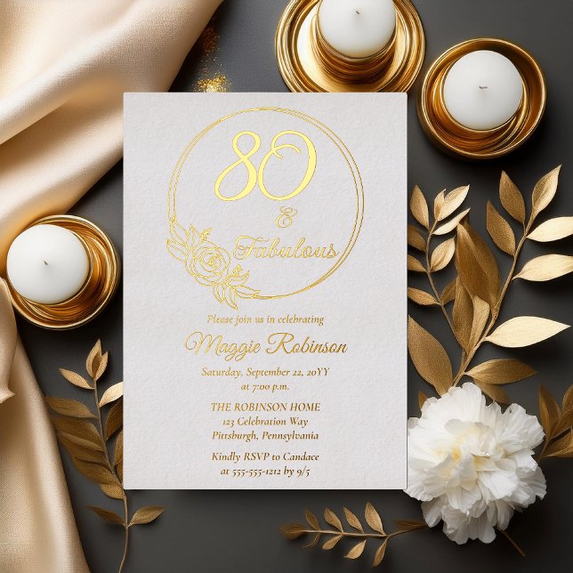 80 and Fabulous 80th Birthday Party Stamped (Simply Elegant Rose Wreath "80 and Fabulous" 80th Birthday Party Stamped Foil Invitation)