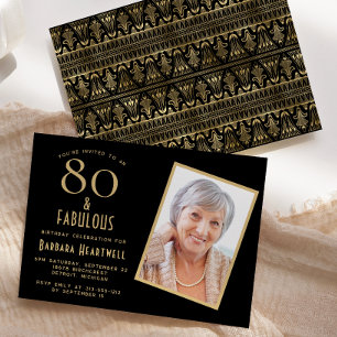 80 and Fabulous Black Gold 80th Birthday Party Invitation