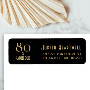 80 and Fabulous Black Gold 80th Birthday Party Return Address Label