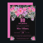 80 and fabulous black pink 80th birthday invitation<br><div class="desc">A pretty, pink purple elegant 80th birthday party invitation you can personalise and send out for your eightieth birthday celebration. In the centre of the design is a pink "80 and fabulous" with a scripted name, embellished by a feminine floral design on a modern black background. The beautiful flowers are...</div>