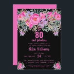 80 and fabulous black pink 80th birthday invitation<br><div class="desc">A pretty, pink purple elegant 80th birthday party invitation you can personalise and send out for your eightieth birthday celebration. In the centre of the design is a pink "80 and fabulous" with a scripted name, embellished by a feminine floral design on a modern black background. The beautiful flowers are...</div>