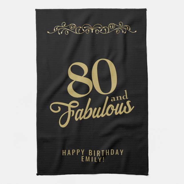 80 and Fabulous Elegant Ornament 80th Birthday  Tea Towel (Vertical)