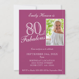 80 and Fabulous Elegant Purple Photo Birthday Invitation