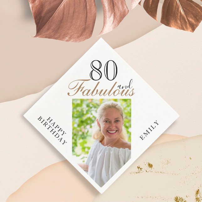 80 and Fabulous Elegant Script Photo 80th Birthday Napkin (Creator Uploaded)