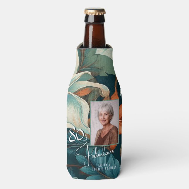 80 and Fabulous Flower Pattern Birthday Photo Bottle Cooler (Bottle Front)