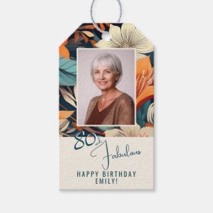 80 and Fabulous Flower Pattern Birthday Photo Gift Tags