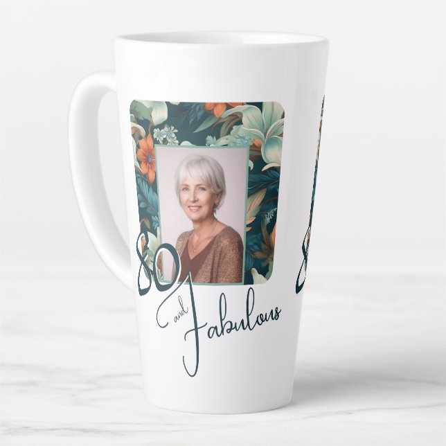 80 and Fabulous Flower Pattern Birthday Photo Latte Mug (Left Angle)