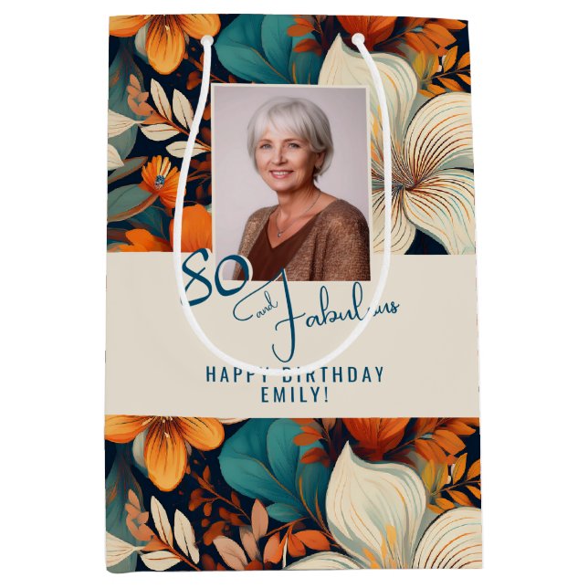 80 and Fabulous Flower Pattern Birthday Photo Medium Gift Bag (Front)