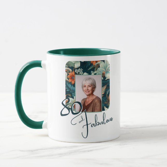 80 and Fabulous Flower Pattern Birthday Photo Mug (Left)