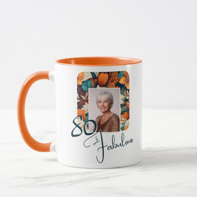 80 and Fabulous Flower Pattern Birthday Photo Mug (Left)