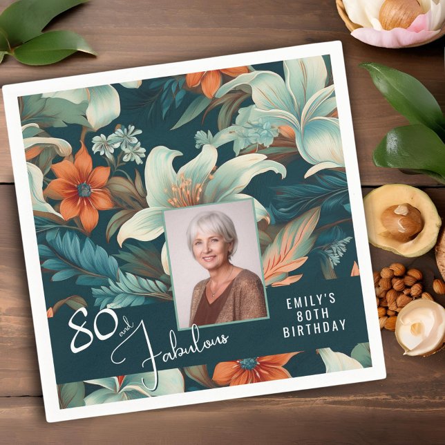 80 and Fabulous Flower Pattern Birthday Photo Napkin (Creator Uploaded)