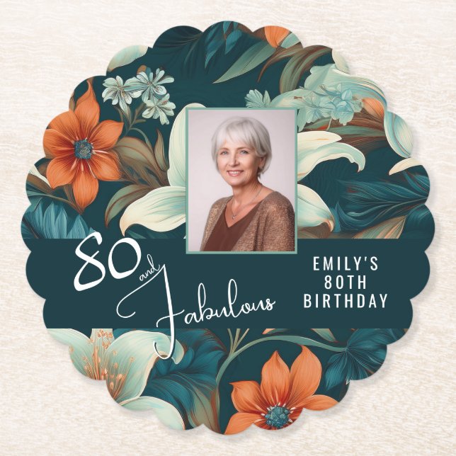 80 and Fabulous Flower Pattern Birthday Photo Paper Coaster (Front)