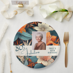80 and Fabulous Flower Pattern Birthday Photo Paper Plate