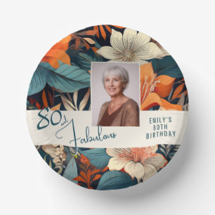 80 and Fabulous Flower Pattern Birthday Photo Paper Plate