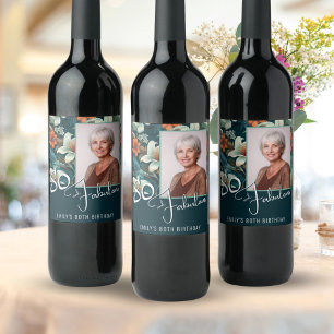80 and Fabulous Flower Pattern Birthday Photo Wine Label