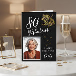 80 and Fabulous Foliage 80th Birthday Photo Card<br><div class="desc">80 and Fabulous Foliage 80th Birthday Photo Card. Text "80 and fabulous",  "Happy birthday",  name and photo. The card has a beautiful gold foliage on a black background.</div>