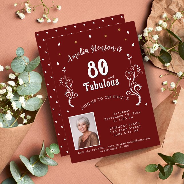80 and Fabulous Foliage Red 80th Birthday Photo Invitation (Creator Uploaded)