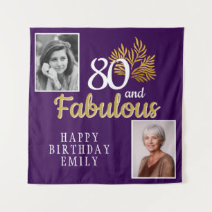 80 and Fabulous Gold Foliage 2 Photo Birthday  Tapestry