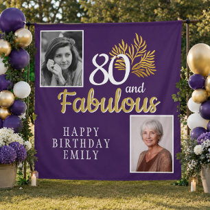 80 and Fabulous Gold Foliage 2 Photo Birthday Tapestry
