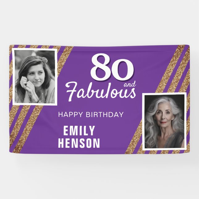80 and Fabulous Gold Glitter 2 Photo 80th Birthday Banner (Horizontal)