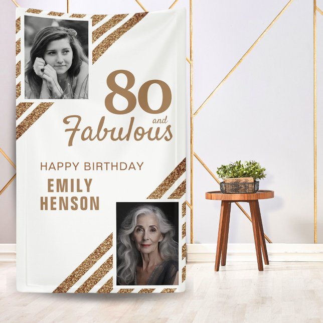 80 and Fabulous Gold Glitter 2 Photo 80th Birthday Banner (Creator Uploaded)