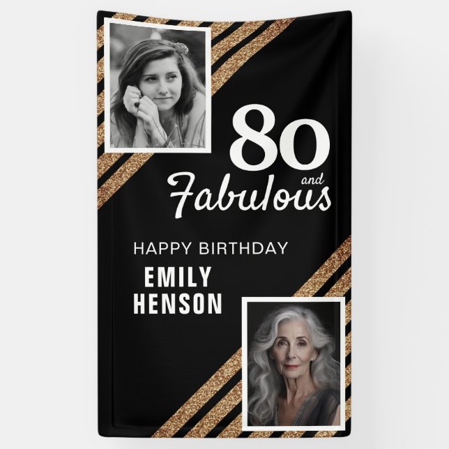 80 and Fabulous Gold Glitter 2 Photo 80th Birthday Banner (Vertical)