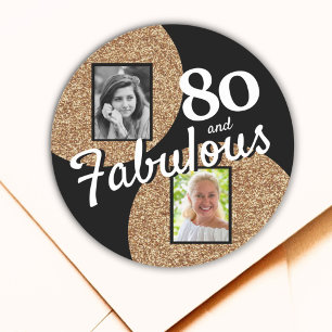 80 and Fabulous Gold Glitter 2 Photo 80th Birthday Classic Round Sticker