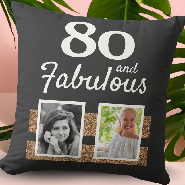 80 and Fabulous Gold Glitter 2 Photo 80th Birthday Cushion (Creator Uploaded)
