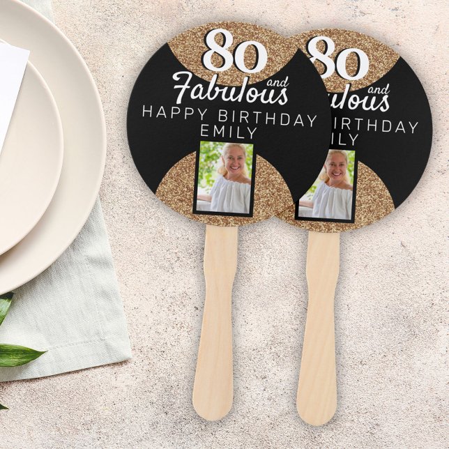 80 and Fabulous Gold Glitter 2 Photo 80th Birthday Hand Fan (Creator Uploaded)