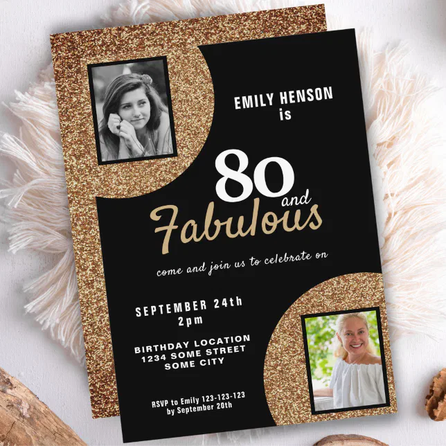 80 and Fabulous Gold Glitter 2 Photo 80th Birthday Invitation | Zazzle