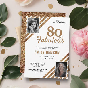 80 and Fabulous Gold Glitter 2 Photo 80th Birthday Invitation
