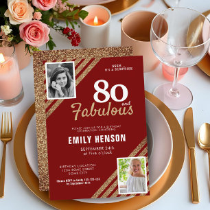 80 and Fabulous Gold Glitter 2 Photo 80th Birthday Invitation