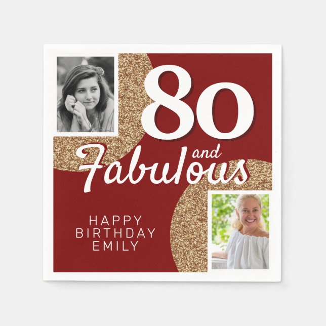 80 and Fabulous Gold Glitter 2 Photo 80th Birthday Napkin (Front)