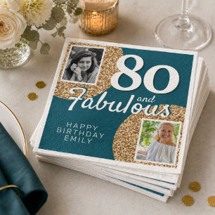 80 and Fabulous Gold Glitter 2 Photo 80th Birthday Napkin