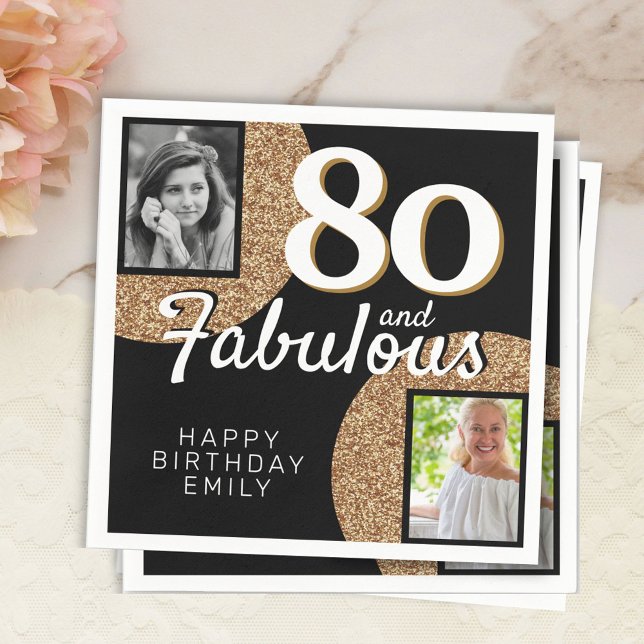 80 and Fabulous Gold Glitter 2 Photo 80th Birthday Napkin (Creator Uploaded)