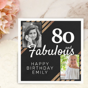 80 and Fabulous Gold Glitter 2 Photo 80th Birthday Napkin