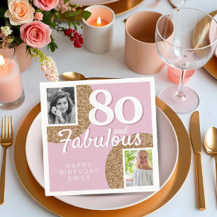 80 and Fabulous Gold Glitter 2 Photo 80th Birthday Napkin