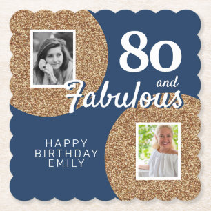 80 and Fabulous Gold Glitter 2 Photo 80th Birthday Paper Coaster
