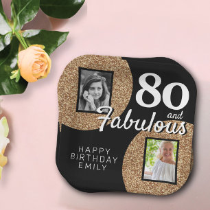 80 and Fabulous Gold Glitter 2 Photo 80th Birthday Paper Plate