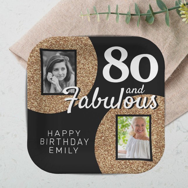 80 and Fabulous Gold Glitter 2 Photo 80th Birthday Paper Plate (Creator Uploaded)