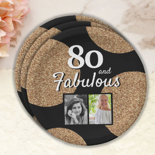 80 and Fabulous Gold Glitter 2 Photo 80th Birthday Paper Plate