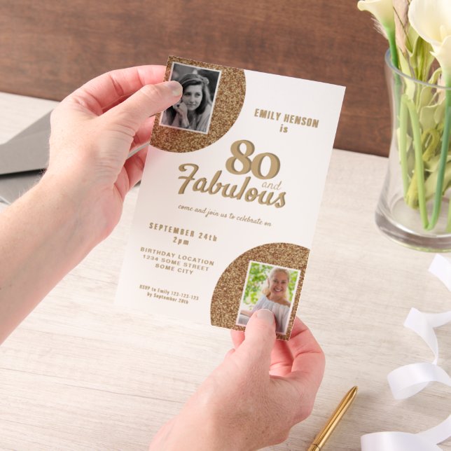 80 and Fabulous Gold Glitter 2 Photo 80th Birthday Vellum Invitations (Handheld)