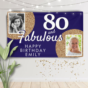 80 and Fabulous Gold Glitter 2 Photo Birthday  Banner
