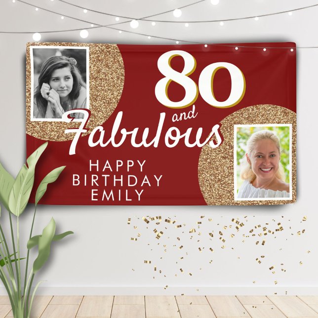 80 and Fabulous Gold Glitter 2 Photo Birthday  Banner (Creator Uploaded)