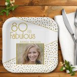80 and Fabulous Gold Glitter Photo 80th Birthday Paper Plate<br><div class="desc">80 and Fabulous Gold Glitter Photo 80th Birthday Party Paper Plates. Modern design with trendy typography and faux gold glitter spots. The design has a custom photo and name. Make personalised 80th birthday party paper plates for her.</div>