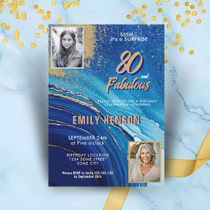 80 and Fabulous Marble Glitter 2 Photo Birthday Invitation