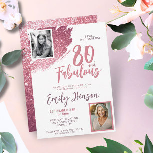 80 and Fabulous Pink Glitter 2 Photo 80th Birthday Invitation