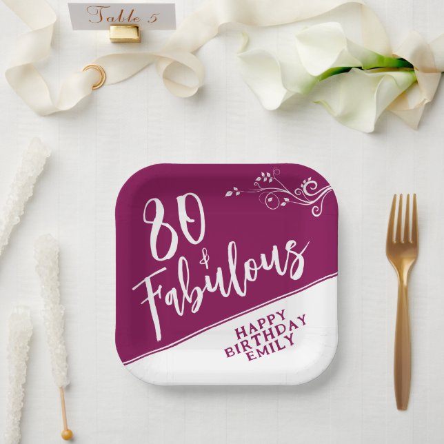 80 and Fabulous Script Magenta 80th Birthday Paper Plate (Wedding)